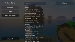 Minecraft mods - a screenshot of the Nature's Compass mod, showing UI to search for nearby biomes