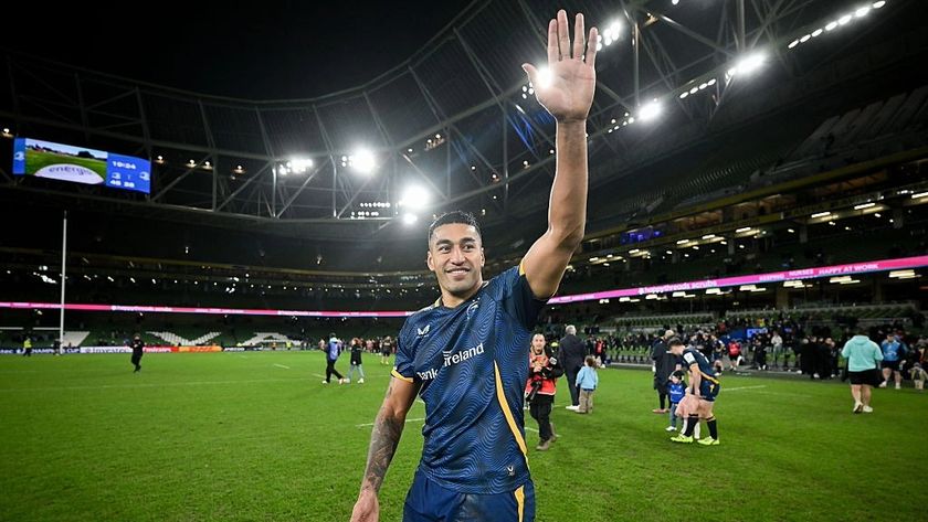 Rieko Ione, of Leinster, acknowledges the crowd after making his debut for the club in the European Champions Cup 2025/26