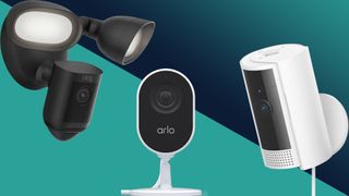 Ring Floodlight Cam Wired Pro, Arlo Essential and Ring Indoor Cam Gen 2 side by side