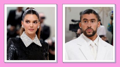 Kendall Jenner and Bad Bunny Met Gala appearances: Kendall pictured wearing a black shimmery top with a white collar alongside a picture of Bad Bunny wearing a white suit as they attend the Met Gala 2023 in NYC/ in a two picture purple and blue template