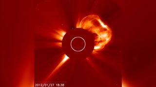 A Coronal mass ejection erupting from the surface of the sun.