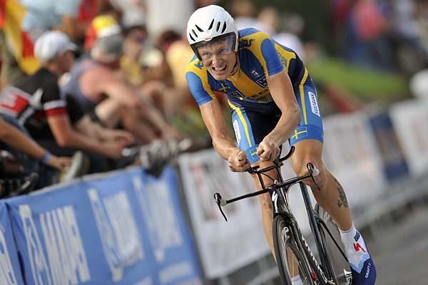Sweden's Gustav Larsson nears the finish.