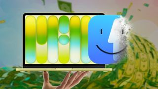 Digital generated image of sea wave made of abstract green dollar banknotes against purple sky with Apple MacBook Neo in green and Finder logo fading to dust.