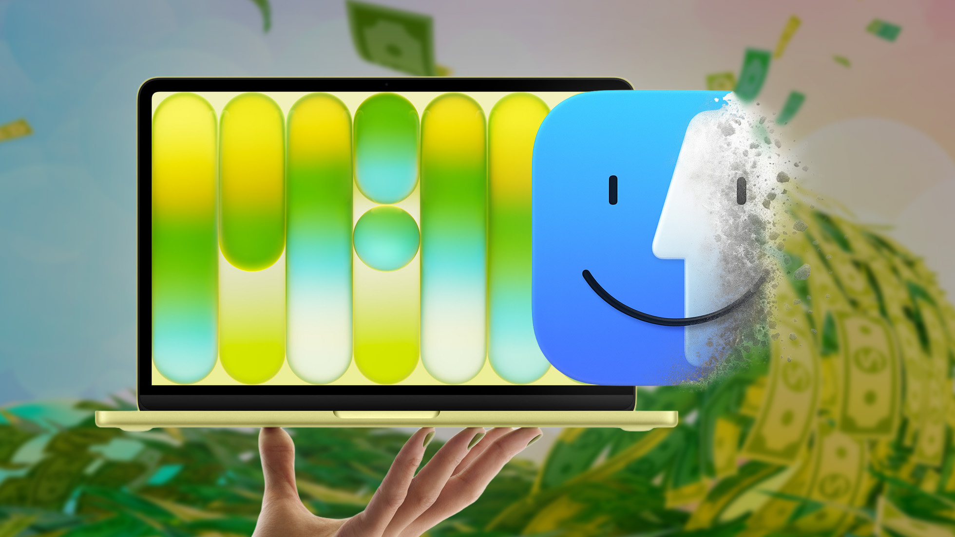 Digital generated image of sea wave made of abstract green dollar banknotes against purple sky with Apple MacBook Neo in green and Finder logo fading to dust.