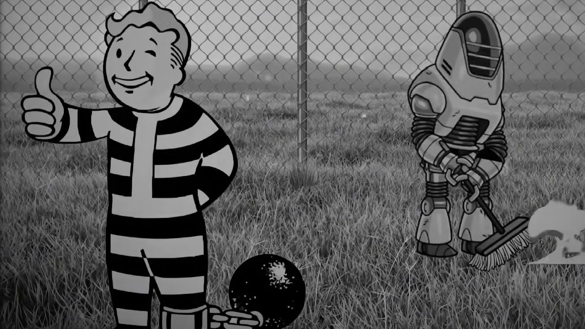 Vault Boy gives a thumbs-up in a prison uniform with ball and chain, while a Securitron sweeps with a broom