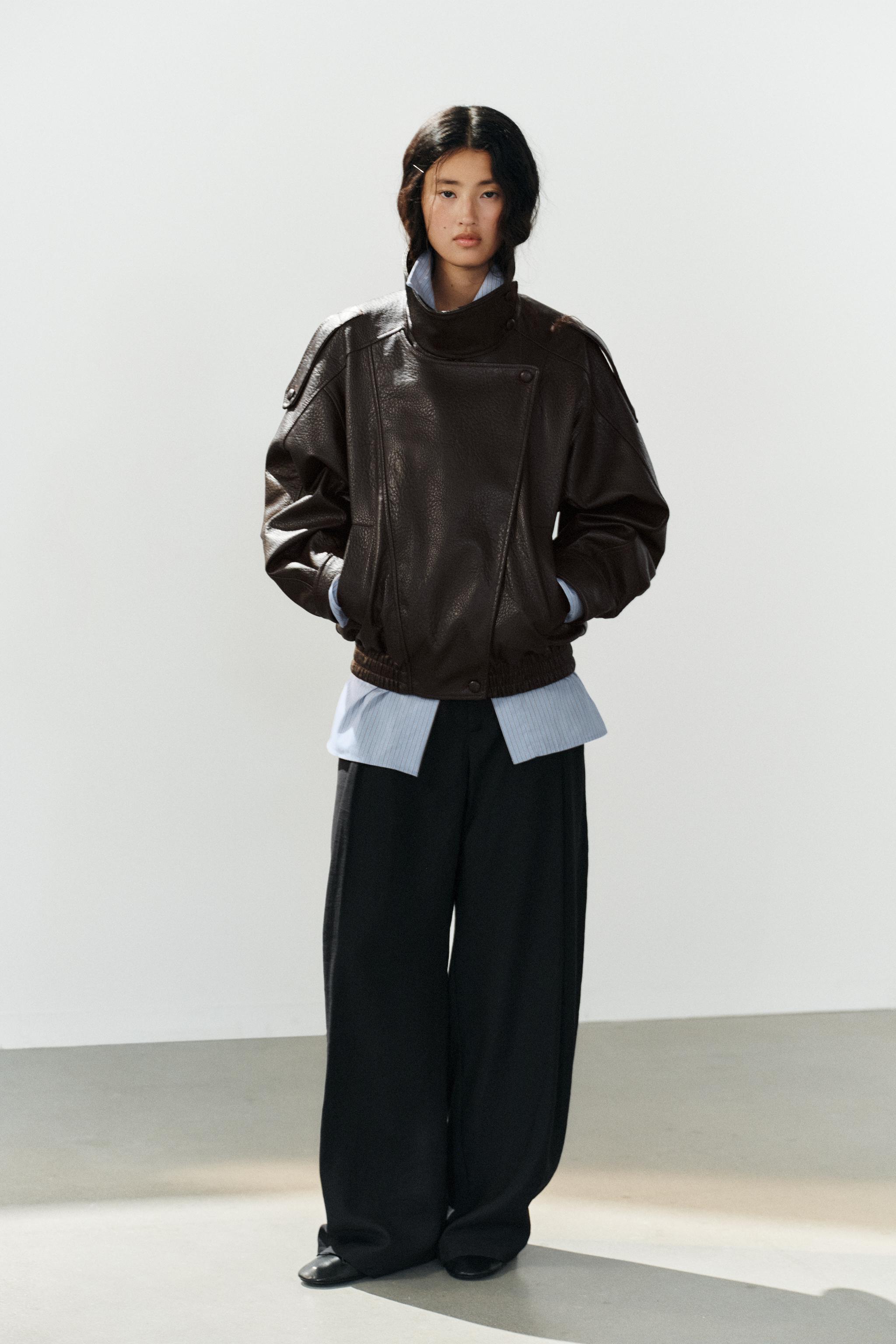 Faux Leather Jacket - Brown - Xs