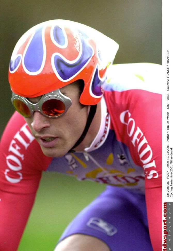 David Millar sports Oakley glasses that wrapped over a ride's head