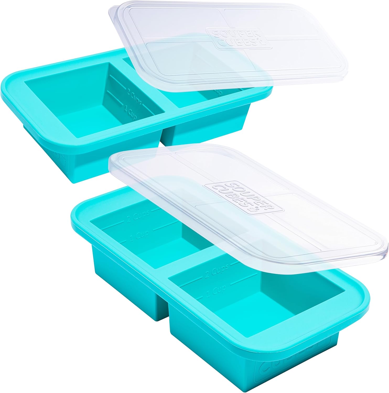 Souper Cubes Large 2 Cup (500 Ml) Silicone Freezer Tray With Lids, Perfect for Soup, Stews, Sauces, Batch Cooking and More, Oven-Safe Silicone Freezer Moulds - Aqua - 2-Pack