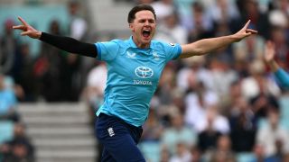 England's Sonny Baker celebrates taking the wicket of Sri Lanka's Pathum Nissanka during the third One Day international cricket match against Sri Lanka at The Oval in London on September 27, 2026