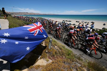WILLUNGA HILL, AUSTRALIA - JANUARY 25: A general view of the peloton passing through Aldinga Beach landscape during the 25th Santos Tour Down Under 2025, Stage 5 a 145.7km stage from McLaren Vale to Willunga Hill 371m / #UCIWT / on January 25, 2025 in Willunga Hill, Australia. (Photo by Dario Belingheri/Getty Images)