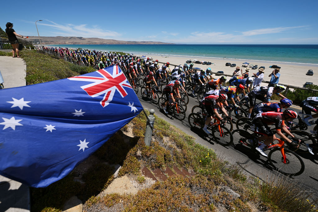 WILLUNGA HILL, AUSTRALIA - JANUARY 25: A general view of the peloton passing through Aldinga Beach landscape during the 25th Santos Tour Down Under 2025, Stage 5 a 145.7km stage from McLaren Vale to Willunga Hill 371m / #UCIWT / on January 25, 2025 in Willunga Hill, Australia. (Photo by Dario Belingheri/Getty Images)