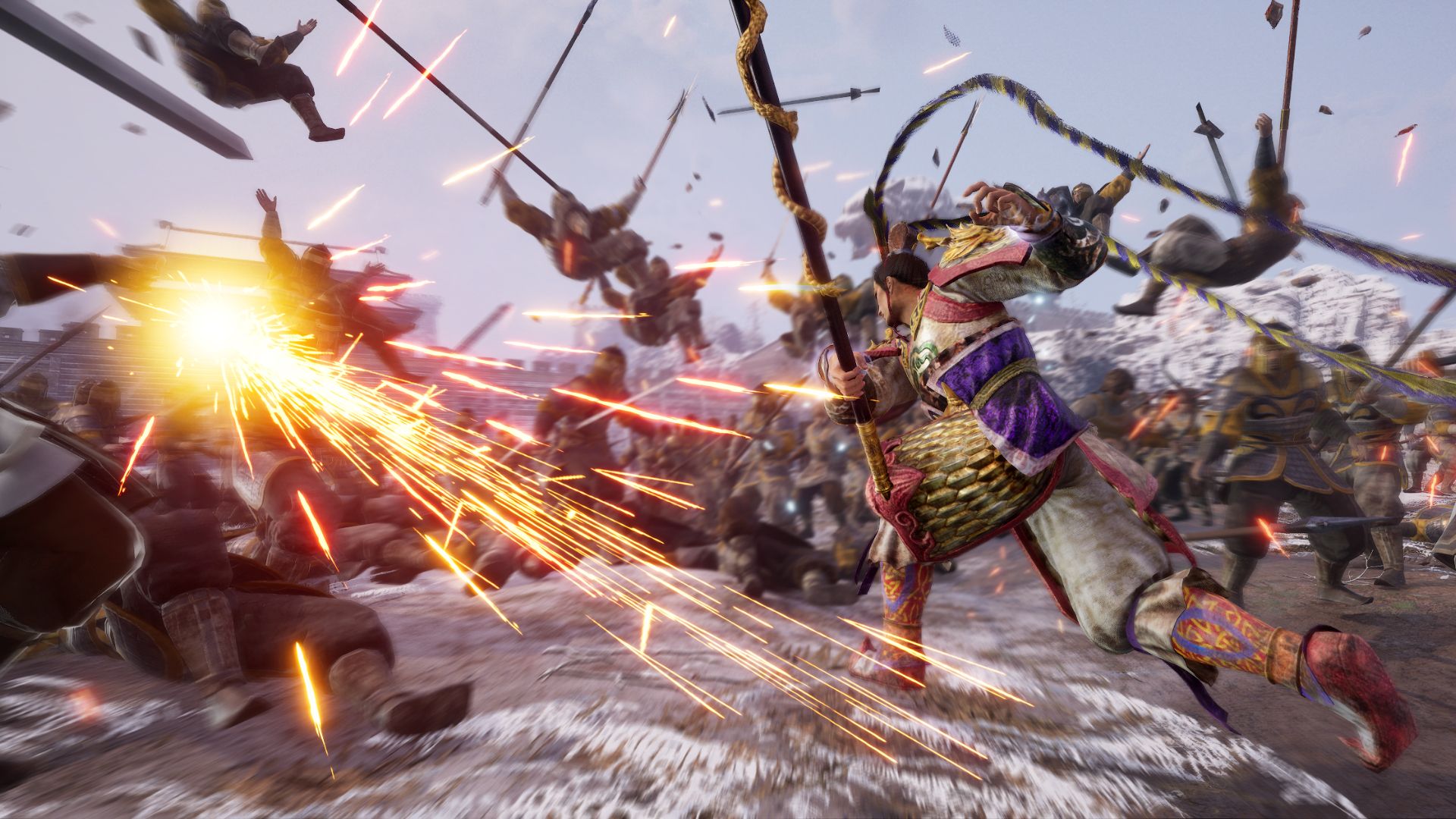 Complete Edition Remastered screenshot showing officer Lu Bu charge head-on into an army of peons