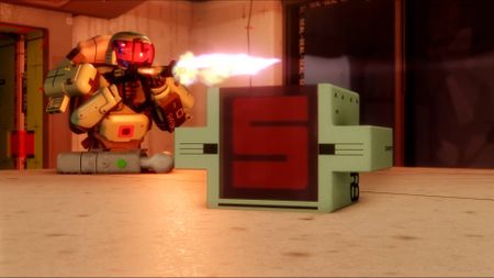 Marathon Cores destroyer character firing gun while moving past a Core