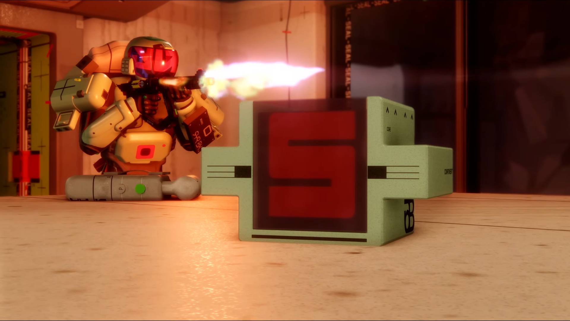 Marathon Cores destroyer character firing gun while moving past a Core