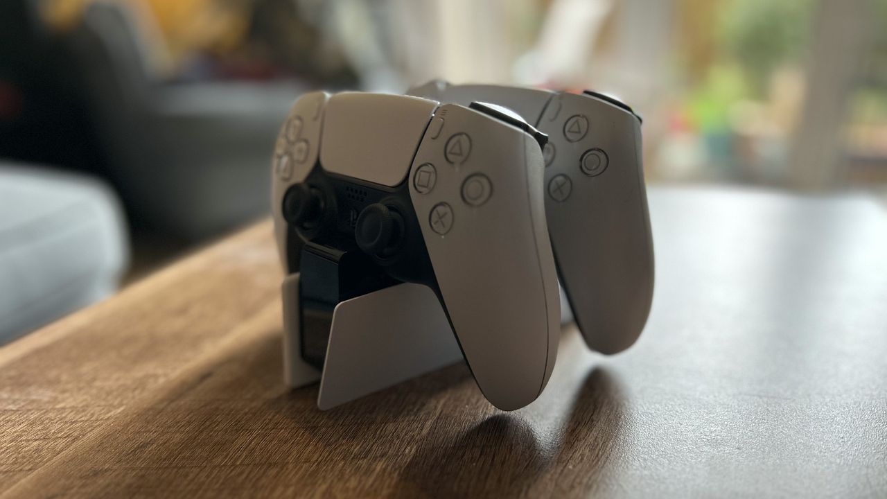 PS5 DualSense charging station with two controllers