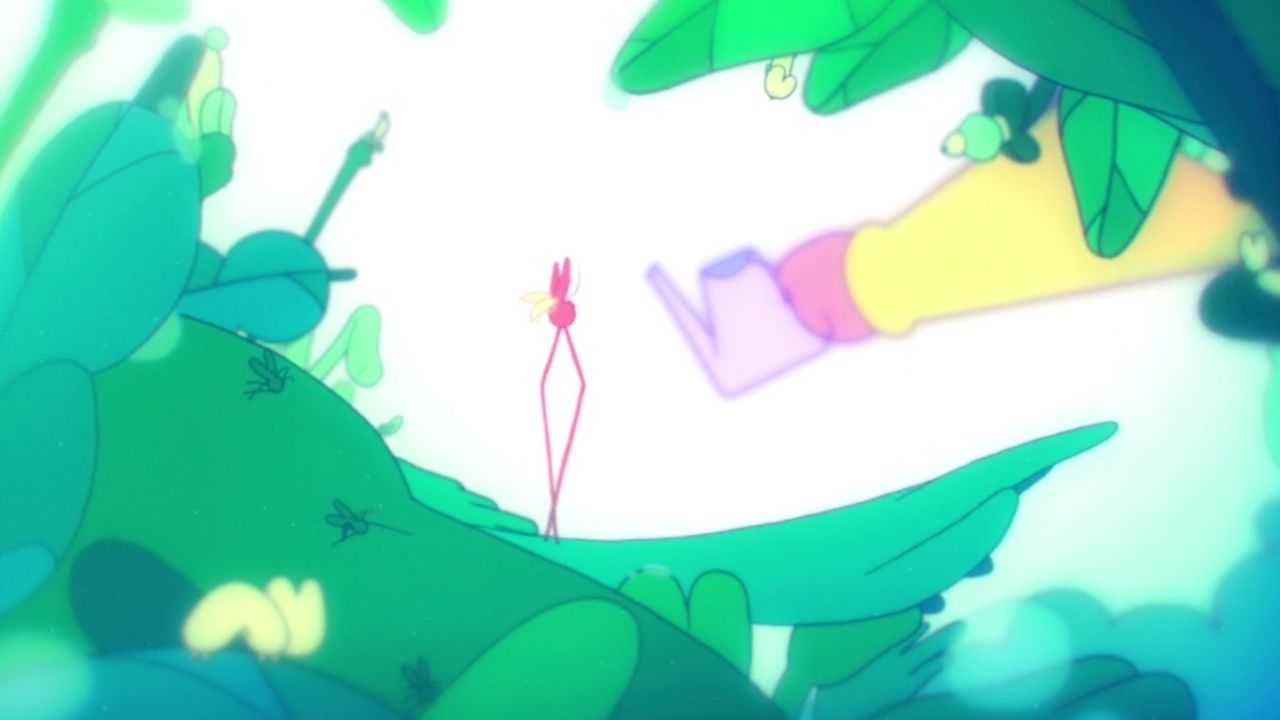 A still from the animated series Ambient Swim zoomed into an insect on a plant.