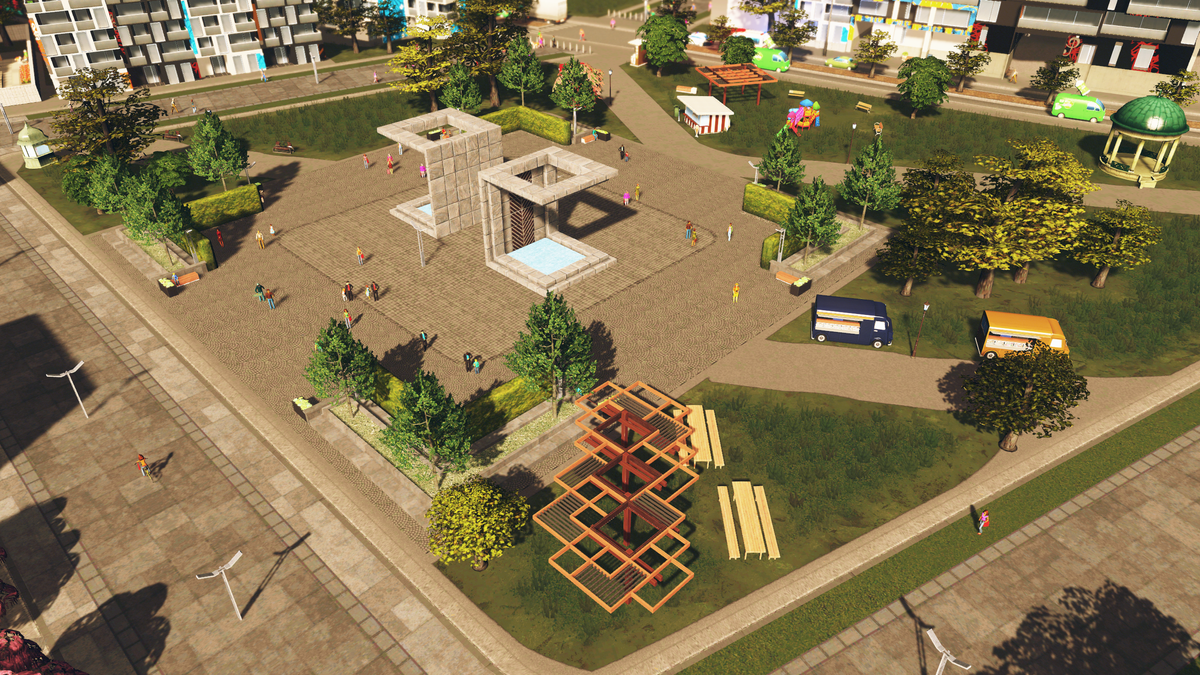 An image of a pedestrian street from Cities: Skylines