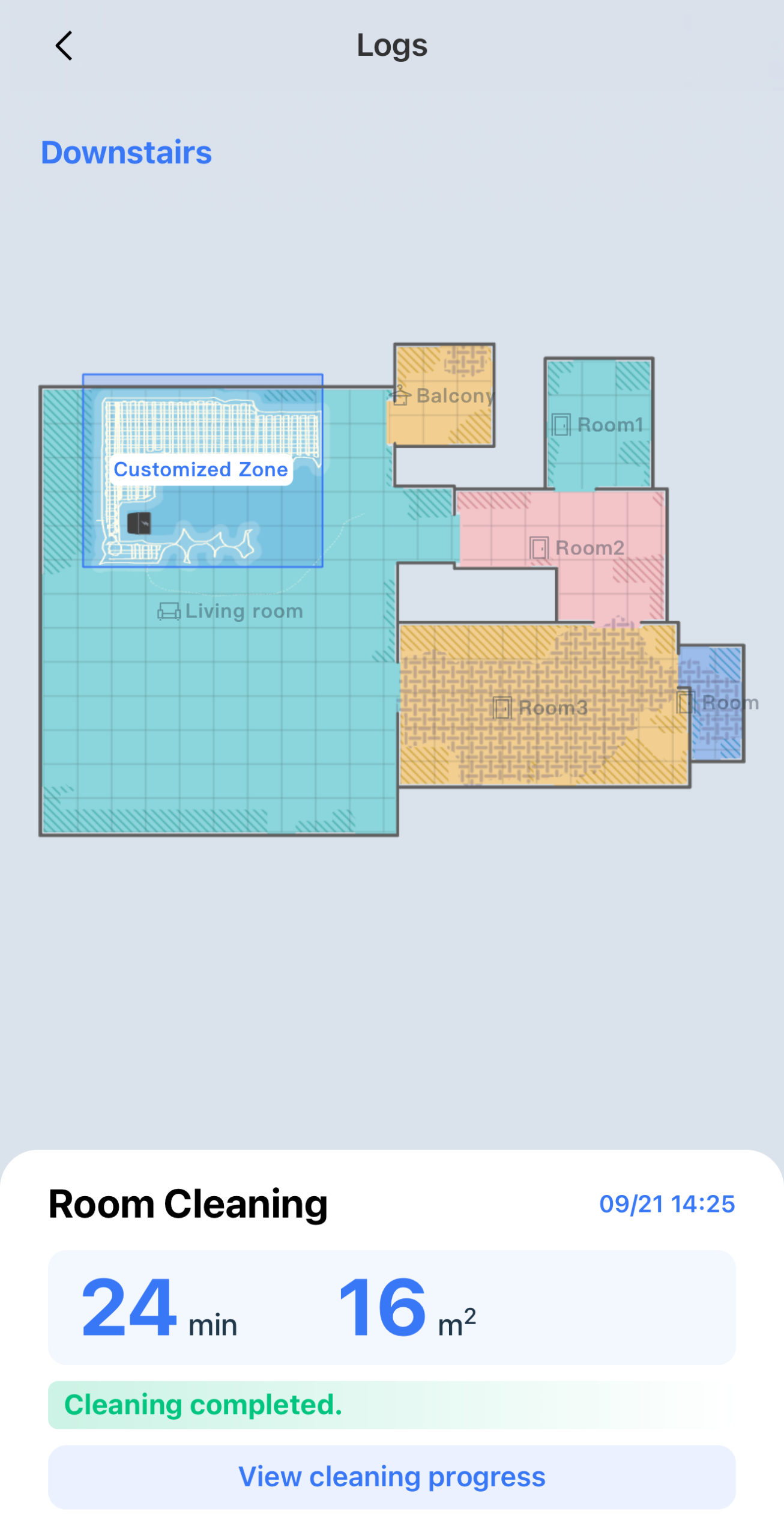 ECOVACS HOME app cleaning log map showing the route taken by the DEEBOT X11 OmniCyclone during a room clean