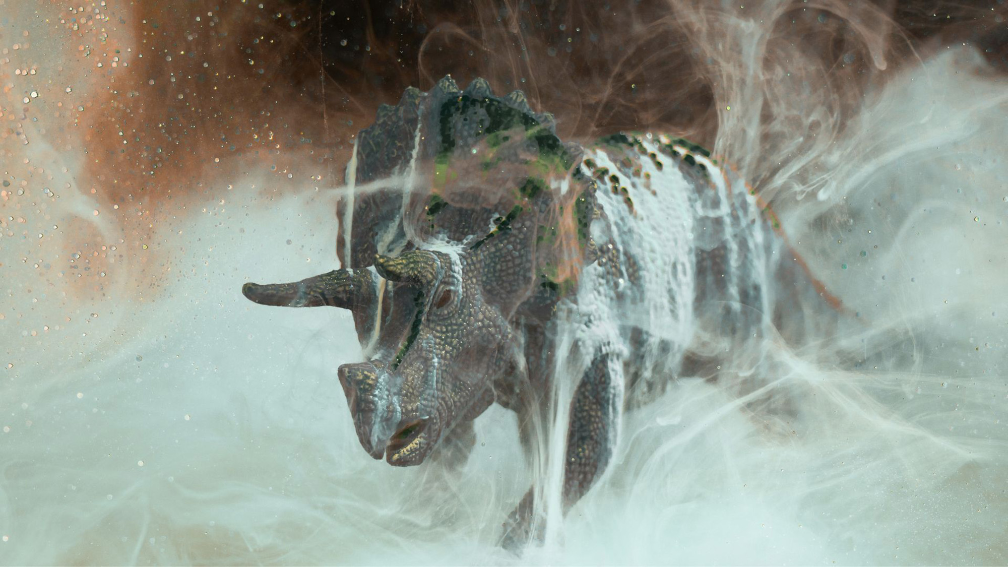 A close up of a triceratops covered in white goo