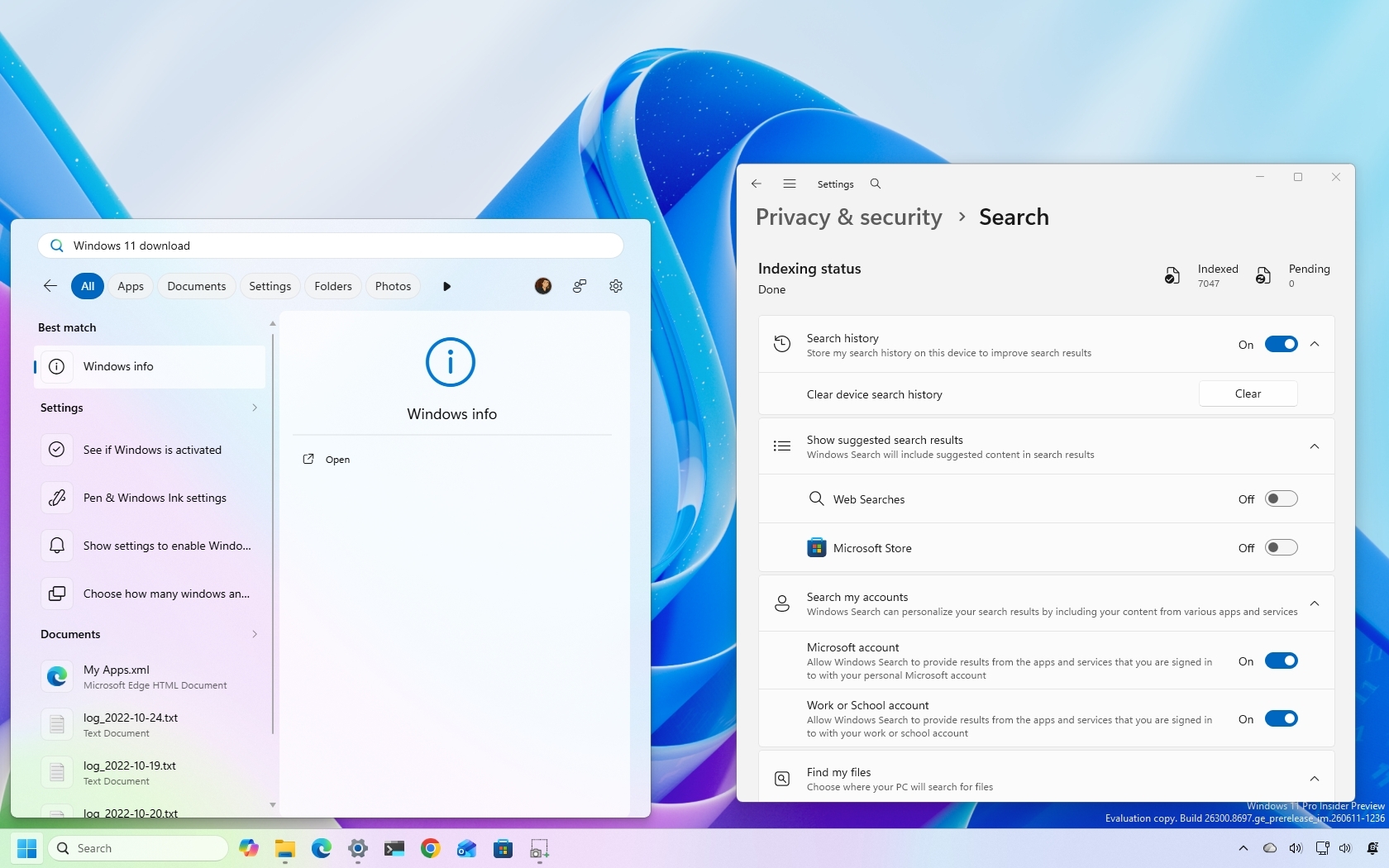 Windows 11 desktop showing Windows Search without web results and the Settings app on the right.