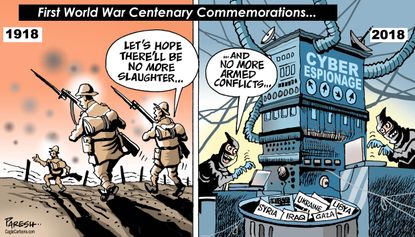 Political cartoon world WWI centenary slaughter armed conflict cyber espionage