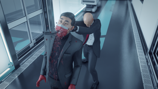 Agent 47 stabs a guard through the back of the head and out of his mouth from behind.