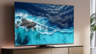 Hisense U8N TV mounted on wall with waves on screen