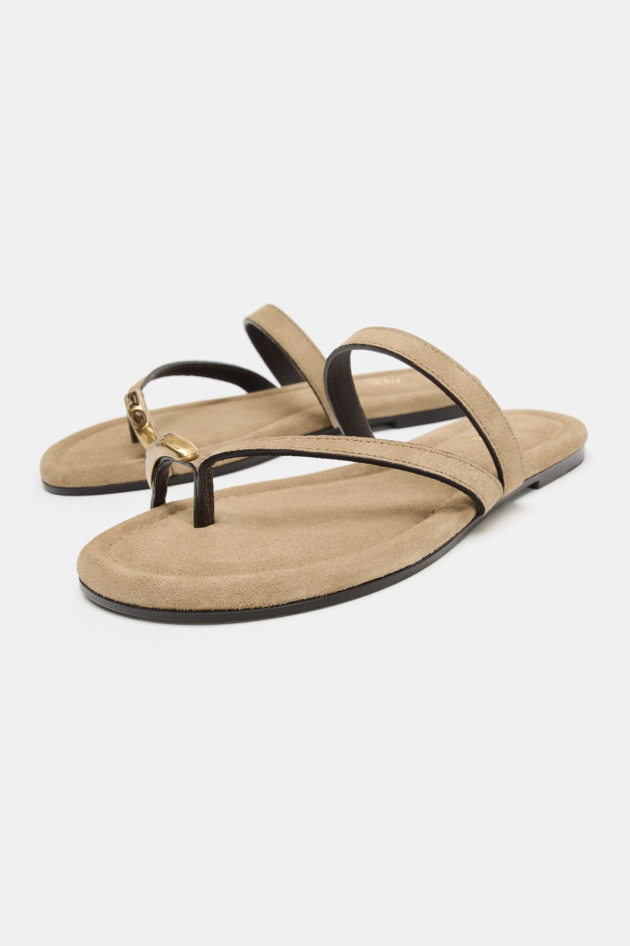 Appliqu&amp;Eacute; Split Suede Flat Sandals - Sand Brown - 2
