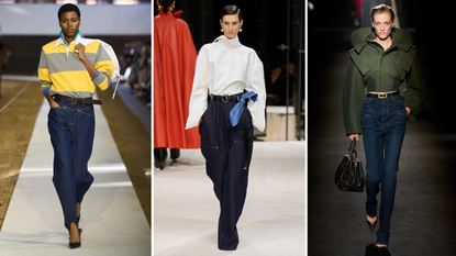 Catwalk images of models wearing dark denim jeans