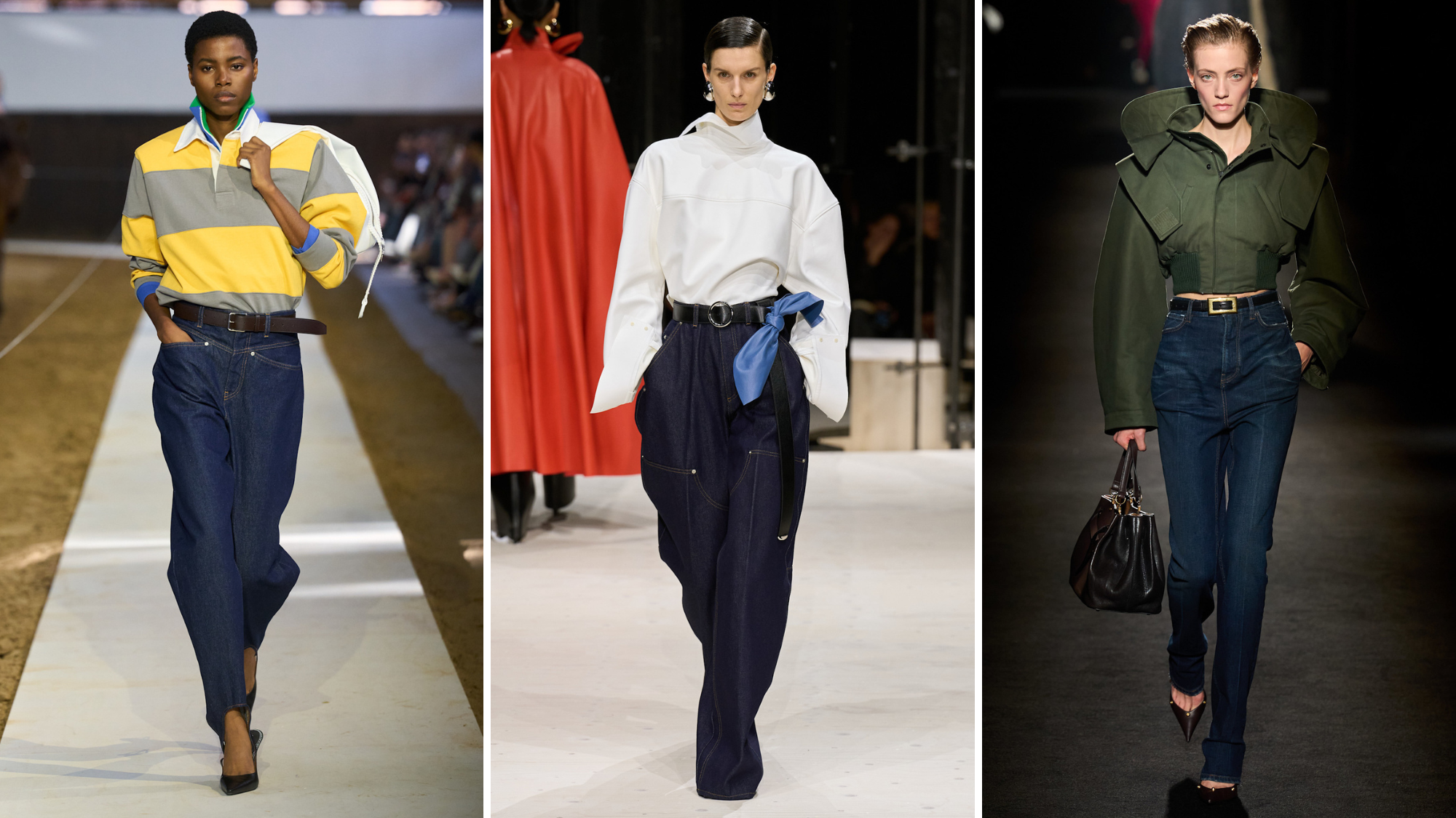 Catwalk images of models wearing dark denim jeans