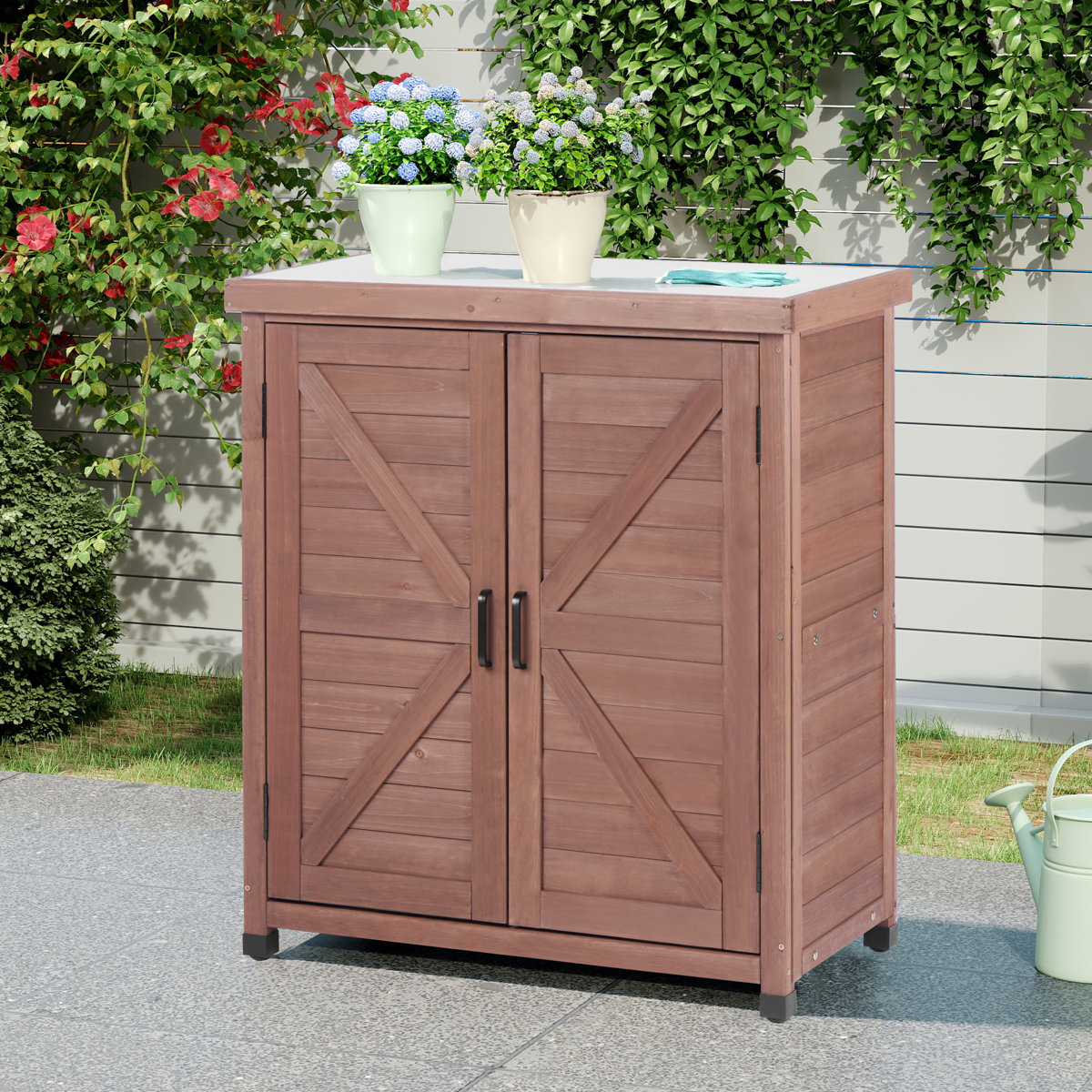 Gracie Oaks Outdoor Cedar Wood Potting Bench With Storage Cabinet and Metal Top &amp;amp; Reviews | Wayfair