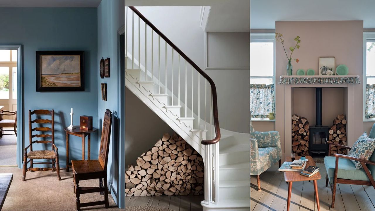 blue entryway, light gray staircase, pink living room