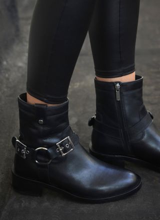 Black Leather Buckled Biker Ankle Boots