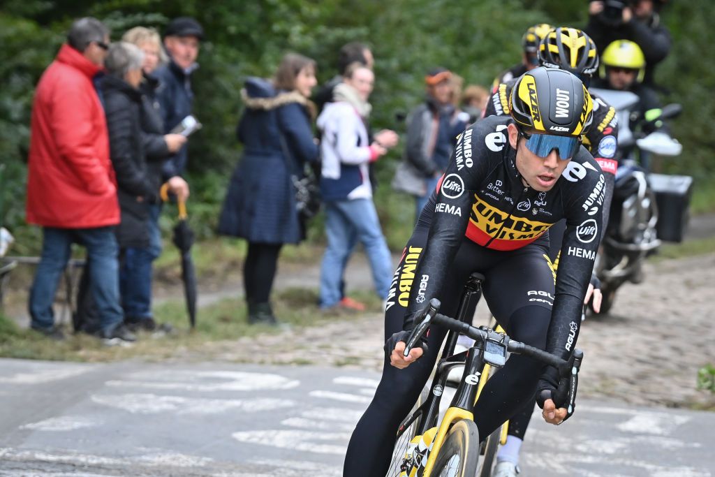 Belgian Wout Van Aert of Team JumboVisma pictured in action during a training session ahead of the 118th edition of the ParisRoubaix one day cycling race from Compiegne near Paris to Roubaix Thursday 30 September 2021 Due to the ongoing corona virus pandemic the 2020 edition was cancelled and the 2021 edition was postponed from spring to autumn For the first time there will be a womens race ParisRoubaix as well BELGA PHOTO DAVID STOCKMAN Photo by DAVID STOCKMANBELGA MAGAFP via Getty Images