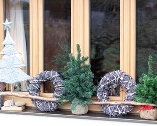 window decorated with small potted pines and wreath