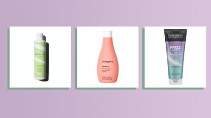Three of the best shampoo for curly hair products by boucleme, living proof and john frieda on a lilac backdrop