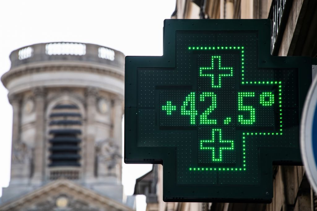 A pharmacy thermometer in France shows the high temperature in July.