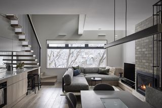 A gray couch in a modern living room