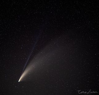On July 18, 2020, astrophotographer Evan Zucker and his wife, Paula, drove three hours to the Mojave Desert north of Desert Center, California, to see Comet NEOWISE. "The comet itself was an very obvious naked eye object, even all the way down to the horizon, but the ion tail was a challenge to perceive naked eye," Zucker said. They used a Sony a7iii camera with a Sony 85mm f/1.4 GM lens, set to f/1.4 and ISO 800, mounted on a 6-in. Celestron telescope to provide tracking. The single 13-second exposure was processed in Adobe Lightroom and Topaz AI De-Noise.