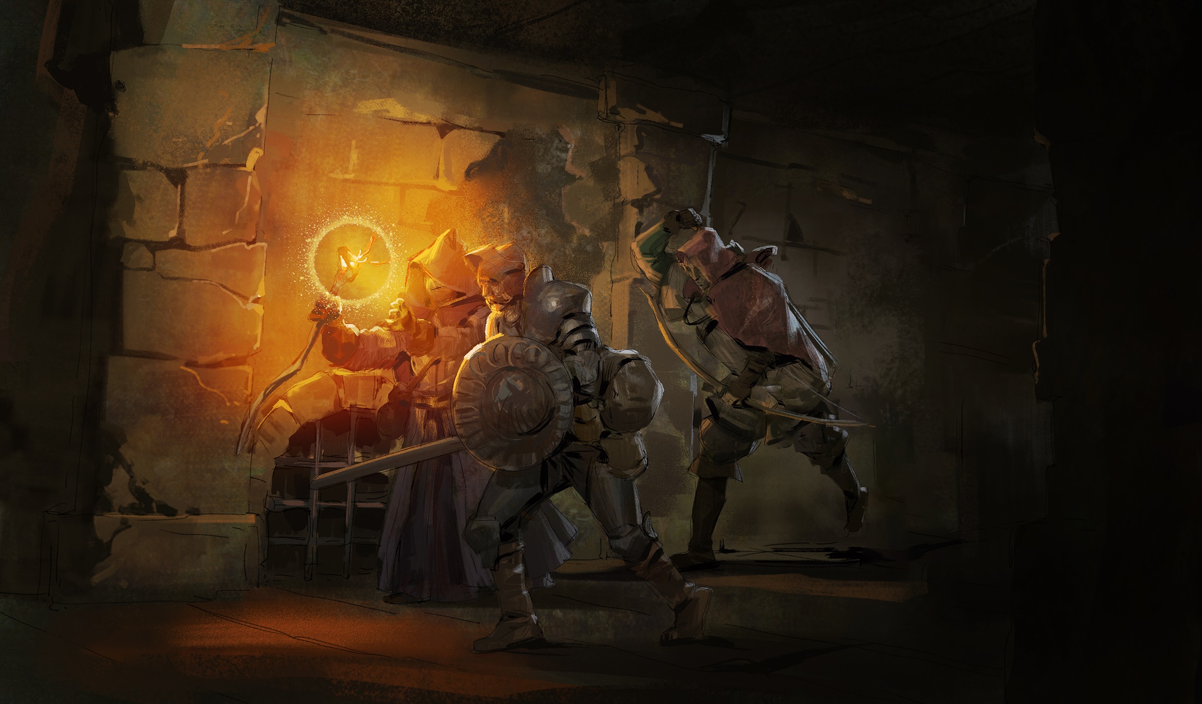 Dark and Darker concept art - a mage casts a light spell carefully exploring a dungeon with a knight and rogue