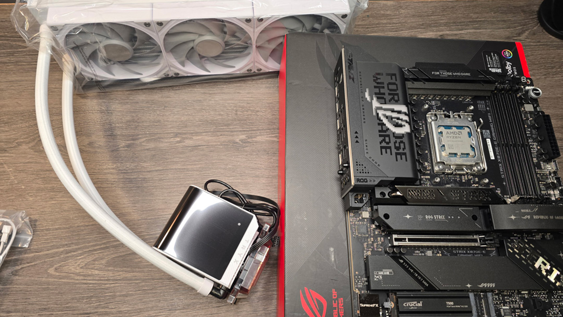 Various steps to building a gaming PC, including installing a liquid cooler.