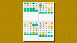 Quordle daily sequence answers for game 771 on a yellow background