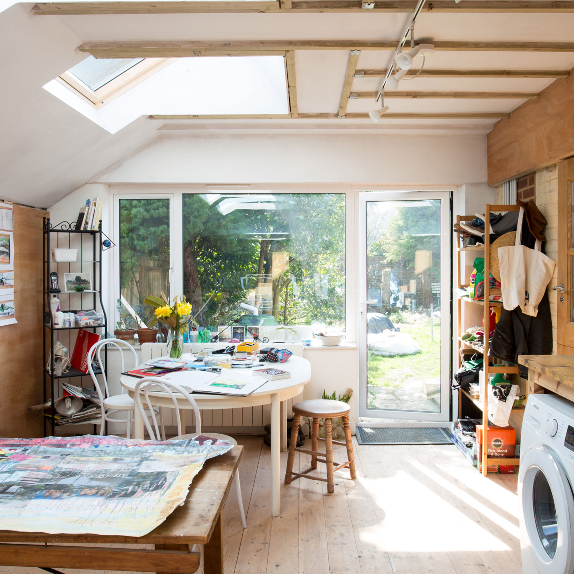 Art studio garage conversion with patio doors