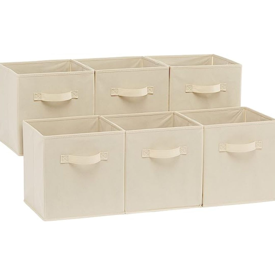 Six beige organizers bins for storage 