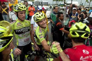 Stage winner Andrea Guardini is congratulated by Farnese Vini teammates in Kuala Terengganu.