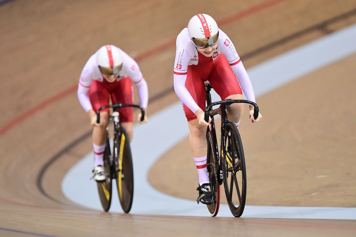 Marlena Karwacka and Urszula Los of Poland ride in the Womens Team Sprint Qualifying
