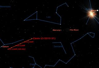 This sky map shows where to look to spot the comet Elenin in August 2011.