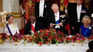 Catherine, Princess of Wales, President Cyril Ramaphosa of South Africa, King Charles III and Camilla, Queen Consort during the State Banquet