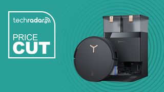 The Ecovacs Deebot X8 Pro Omni robot vacuum cleaner on a green background with the TechRadar deals badge for price cut