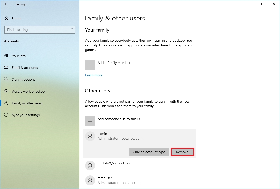 Windows 10 delete user account